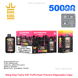 Packaging for Bang King Twins disposable vape featuring a black bottle with a colorful skull design and pink-drip box art, prominent '50,000 puffs' branding, icons for Type-C charging, 650mAh battery, 28x2ml capacity and dual mesh 1.0Ω coils, and a nicotine warning label.
