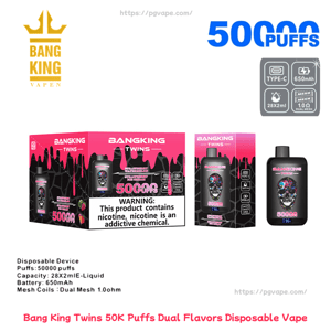 Boxed and individual black-and-pink Bang King Twins disposable vape packaging and device featuring a colorful skull graphic, labeled 50,000 puffs with a nicotine warning and product specifications.