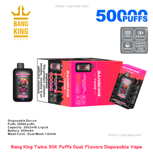 Packaging and disposable device for Bang King Twins 50K puffs vape: a black pod-style bottle with colorful skull artwork alongside a matching pink-and-black display box and sleeve, with icons showing Type-C charging, 650mAh battery, 28×2ml e-liquid capacity and dual mesh 1.0Ω coils.