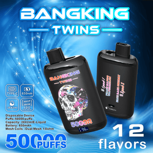 Advertisement showing two black Bangking Twins disposable vape devices—one with a colorful skull graphic—set against a blue starburst background and highlighting features like 50,000 puffs, 650mAh battery, Type-C charging, 28×2ml capacity, dual mesh coils, and 12 flavors.