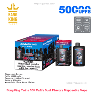 Boxed and single-packaging of Bang King Twins disposable vape featuring a small black pod device with colorful skull artwork, large '50K puffs' branding, product-spec icons (Type‑C, 650mAh, 28×2ml, dual mesh 1.0Ω) and a visible nicotine warning label.