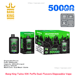 Packaging and a disposable Bang King Twins vape device shown on a white background: black-and-green units with a neon green skull graphic, a large retail box and two smaller boxes/devices prominently labeled 50,000 puffs, with icons for Type‑C charging, 650 mAh battery, 28×2 ml e‑liquid capacity, dual mesh 1.0 Ω coils and a nicotine warning label.