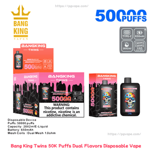 Packaging and two black Bang King Twins disposable vape devices shown with a colorful sugar-skull graphic, prominent 