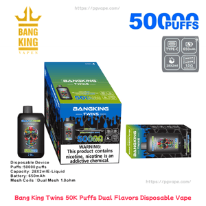 Packaging and disposable device for Bang King Twins disposable vape advertising 50,000 puffs and dual flavors, showing a black device and product boxes with a colorful skull graphic, technical icons (Type-C, 650 mAh, 2×2 ml, dual mesh 1.0Ω) and a nicotine warning label.