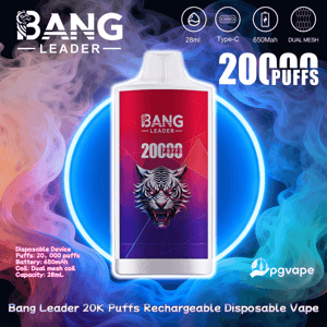 Naar voren gericht oplaadbaar wegwerpvape-apparaat van Bang Leader met een rood naar paars label met een agressieve tijgerillustratie en de tekst '20.000 puffs', omgeven door een neonblauwe ring en wervelende veelkleurige rook, met kleine pictogrammen die 28 ml, Type-C opladen, 650 mAh-batterij en dubbele mesh-spoel aangeven.