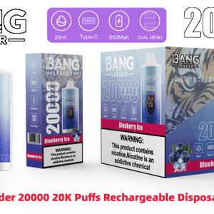 Blue Bang Leader disposable vape device and retail boxes labeled 20000 puffs with a snarling tiger graphic, labeled Blueberry Ice and showing icons for 28ml, Type‑C charging, 650mAh battery and dual mesh, with a display box for 10 disposables.