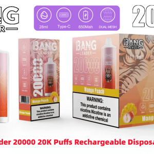 Advertisement showing Bang Leader 20000 rechargeable disposable vape and Mango Peach packaging: a pink‑orange vape device with a roaring tiger graphic, two product boxes labeled 20,000 puffs with icons for 28ml, Type‑C, 650mAh and dual mesh, and a nicotine warning panel.