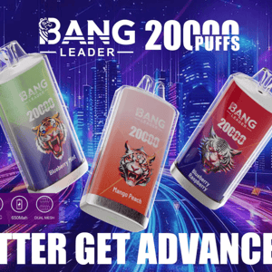 Three colorful Bang Leader 20000 PUFFS disposable vape devices with snarling tiger logos and labeled flavors (Blueberry Mint, Mango Peach, Blueberry Raspberry) float over a neon-lit futuristic city background, with large text reading 20000 PUFFS and BETTER GET ADVANCE!! and small icons showing 28ml, Type‑C, 650mAh and dual mesh.