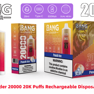 Packaged Bang Leader rechargeable disposable vape devices and display boxes on a white background, featuring red-orange Peach Ice branding with a tiger logo, prominent “20,000 puffs” text, icons for 28ml, Type‑C, 650mAh and dual mesh, and a nicotine warning label.
