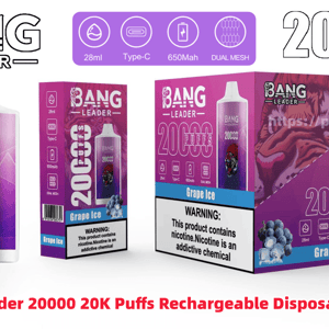 Purple Bang Leader disposable vape device and two matching product boxes labeled 