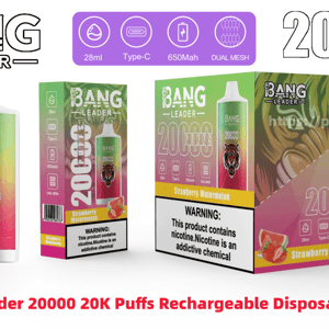 Product display of Bang Leader 20000 rechargeable disposable vape in strawberry watermelon flavor showing a tall device with a roaring tiger logo alongside single-pack and 10‑pack boxes, prominent “20000 puffs” text, icons for 28 ml, Type‑C, 650 mAh and dual mesh, and a nicotine warning label.