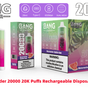 Promotional display of Bang Leader 20000 rechargeable disposable vape and its retail boxes in watermelon bubble gum flavor, featuring a pink-to-green device with tiger artwork, prominent “20000 puffs” text, icons for 28ml, Type‑C, 650mAh and dual mesh, and a visible nicotine warning label.