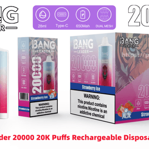 Bang Leader disposable vape device and three colorful boxes showing 