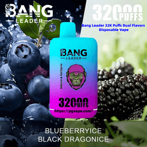 Bright turquoise-to-magenta disposable vape device labeled BANG LEADER and 32,000 puffs centered against close-up blueberries and blackberries, with text indicating Blueberry Ice and Black Dragon Ice flavors.