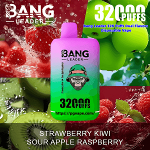 Bright pink-to-green Bang Leader disposable vape centered against a collage of strawberries, kiwi, green apples and raspberries, with prominent 
