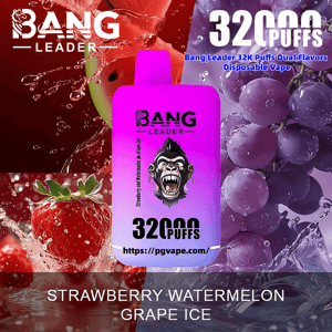 Bright pink-to-purple Bang Leader disposable vape device labeled 32000 puffs centered against splashing strawberry, watermelon and grape imagery with the flavor text Strawberry Watermelon Grape Ice at the bottom.