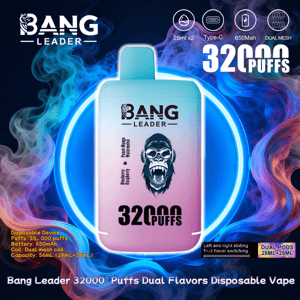 Turquoise-to-pink gradient Bang Leader disposable vape device with a screaming gorilla logo and bold “32000 puffs” text, set against a neon blue-and-purple smoky background with icons noting dual 28ml pods, Type-C charging, 650mAh battery and dual mesh coils.