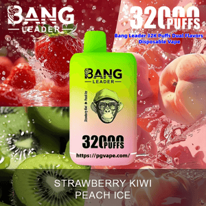 Bright green-to-pink disposable vape labeled Bang Leader and 32K puffs centered over splashing strawberries, peaches and sliced kiwis with the caption Strawberry Kiwi Peach Ice.