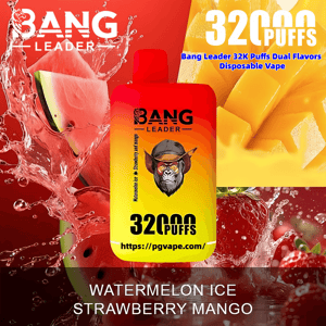 Bright red-to-yellow disposable vape device labeled Bang Leader and 32000 Puffs centered over splashing watermelon, strawberry and mango fruit images, with large 32000 Puffs text at the top and 'WATERMELON ICE STRAWBERRY MANGO' flavor text along the bottom.