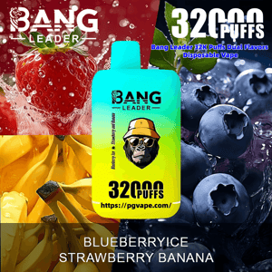 Bright turquoise-to-yellow disposable vape device labeled BANG LEADER and 32000 PUFFS centered over a split background of strawberries, bananas, and blueberries with flavor text reading BLUEBERRY RICE STRAWBERRY BANANA and a small product URL at the bottom.