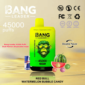 Bright yellow-green disposable vape labeled BANG LEADER with a sunglasses-wearing monkey illustration and '45000 puffs' displayed, shown with a Red Bull can, sliced watermelon and colorful bubble candies to indicate dual Red Bull and watermelon bubble candy flavors, set on a gold reflective background with small certification icons.