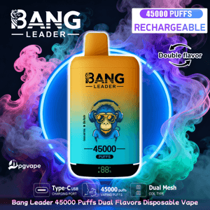 Bang Leader-märkt uppladdningsbar engångsvape-enhet i en orange-till-grön lutning med ett toppmunstycke, framträdande "45000 PUFFS"-etikett och digital batteridisplay, ikoner som noterar USB-laddning av typ C, dubbel mesh-spole och dubbelsmak, mot virvlande rosa, lila och blågrön ånga.