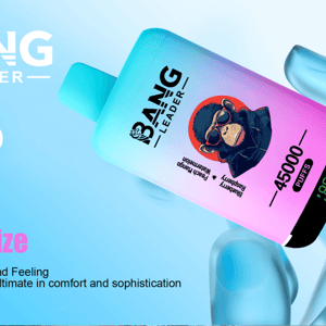 A gloved blue hand holding a pastel blue-to-pink disposable vape device branded 