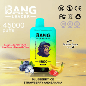 Bright turquoise-to-yellow Bang Leader disposable vape device featuring a sunglasses-wearing chimp logo and digital 45000 puffs label, set above blueberries with ice, strawberries and a banana, with text and icons indicating double flavors and certifications.