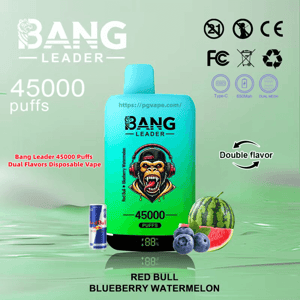 Teal-green Bang Leader disposable vape shown upright with mouthpiece and '45000 puffs' label, digital battery readout and website text, labeled Red Bull Blueberry Watermelon flavor and pictured with a Red Bull can, blueberries and a watermelon slice, with certification icons and a double-flavor arrow on a light green background.
