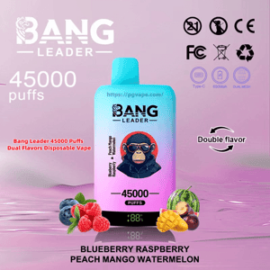 Gradient cyan-to-pink disposable vape labeled BANG LEADER and 45000 puffs with a small digital battery display, double-flavor arrow and fruit images (blueberries, raspberries, peach, mango and watermelon) on a pink background with certification icons.