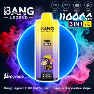 Yellow-to-purple gradient disposable vape labeled BANG LEGEND and 110K 3in1 centered against a glowing blue ring with swirling red, purple, and teal vapor, plus icons for Type-C charging, digital display and 600 mAh battery and the tagline Bang Legend 110K Puffs 3 in 1 Flavors Disposable Vape.