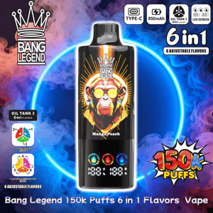 Black Bang Legend disposable vape device labeled Mango Peach centered against a colorful smoke-filled background and neon ring, with brand crown logo, LED readout and icons highlighting Type-C charging, 850mAh battery, 6-in-1 adjustable flavors and a 150k puffs badge.