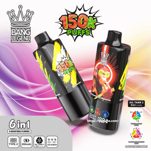 Two black Bang Legend vape devices with colorful paint-splash labels and a monkey illustration, placed against a pink and purple wavy background with prominent '150K PUFFS' and '6 in 1' text and small icons for Type‑C, 850mAh, oil tank options and LED screen.