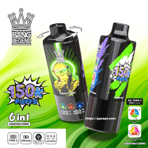 Two glossy black cylindrical vape devices with colorful labels (Apple Grape and Apple Ice), a crown 'Bang Legend' logo, prominent '150k puffs' and '6in1' graphics, flavor icons, technical icons (Type‑C, 850mAh, oil tank, LED screen) and a website URL set against a green swirled background.