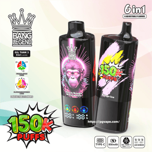 Two glossy black Bang Legend disposable vape devices side by side—one front-facing featuring neon pink monkey artwork and labeled Peach Mango Watermelon with a colorful LED display, the other angled showing a comic-style 150K PUFFS badge and Mango Ice text, surrounded by branding and icons advertising 6-in-1 adjustable flavors, Type-C charging and 850mAh battery.