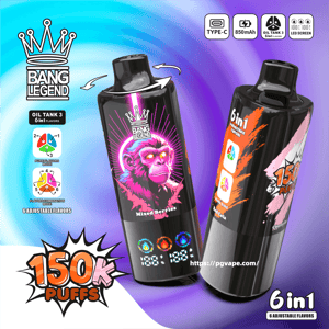 Two glossy black Bang Legend vape devices set on a blue-to-purple gradient background, featuring colorful label art, crown logo, text promoting 'Mixed Berries', '150K puffs' and '6 in 1 adjustable flavors', small icons for Type-C charging, 850mAh battery and LED screen, and a product website URL.