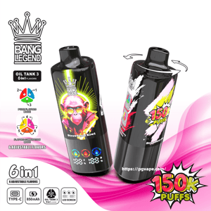 Promotional image of two glossy black Bang Legend Oil Tank 3 vape devices—one displaying neon strawberry-kiwi artwork and an LED screen, the other showing a rotatable top for six adjustable flavors—set on a pink wave background with icons for Type-C charging, 850mAh battery, and a 150K puffs badge.