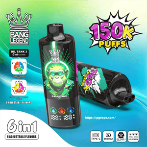 Two glossy black vape devices on a turquoise gradient background—one upright and one on its side—branded Bang Legend with a bold '150K PUFFS' burst, 'Guava Lime' flavor label, 6-in-1 adjustable flavor icons, LED screen readout, and small icons indicating Type-C charging and 850mAh battery capacity.