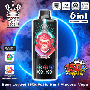 Black cylindrical Bang Legend vape device centered against a neon blue ring and swirling purple and pink smoke, labeled Watermelon Bubble Gum with a crown logo, icons for Type‑C charging, 850mAh battery, oil tank 3 and LED screen, colored flavor droplets and a digital puff counter, and bold text advertising 6‑in‑1 adjustable flavors and 150k puffs.