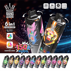 Promotional image for Bang Legend disposable vapes featuring two glossy black devices with neon monkey artwork, icons for Type-C, 850mAh battery, Oil Tank 3 and LED screen, text highlighting '6in1' adjustable flavors and '150K puffs', and a row of colorful flavor-varied devices along the bottom.