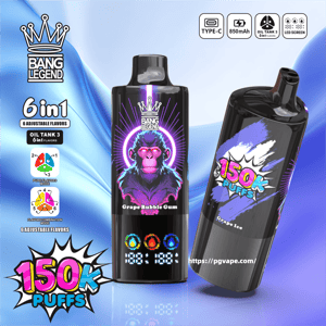Two glossy black Bang Legend disposable vape devices on a blue gradient background: one upright with neon wolf artwork labeled Grape Bubble Gum and LED icons, the other tilted showing 150K PUFFS and Grape Ice, surrounded by flavor‑mode diagrams and Type‑C/850mAh/Oil Tank/LED icons.