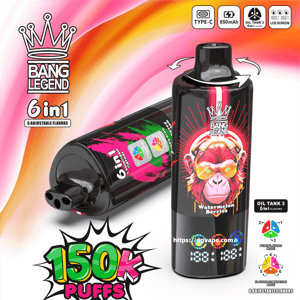 Two glossy black Bang Legend vape devices—one upright and one lying down—featuring a neon illustrated monkey with sunglasses, labeled 