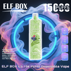 Werbegrafik eines grünen ELF BOX-Einweg-Vaporizers mit der Aufschrift “SHISHA shisha” und “15000 PUFFS”, zentriert in einem leuchtend blauen Ring mit violettem und rosafarbenem Rauch, umgeben von Spezifikationssymbolen und Text mit Angaben zu 600-mAh-Akku, 26 ml E-Liquid, 0,6 Ω-Widerstand, Typ-C-Aufladung und großem “ELF BOX 15000 PUFFS”-Branding.