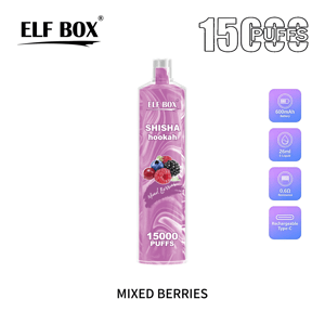 Purple-pink disposable ELF BOX 'Shisha hookah' device with mixed berries illustration and '15000 PUFFS' label, brand logo at top left and feature icons at right noting 600mAh battery, 26ml e-liquid, 0.6Ω resistance and Type-C recharge, caption 'MIXED BERRIES' below on white background.