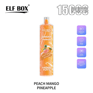 Tall orange ELF BOX Shisha hookah disposable vape device labeled Peach Mango Pineapple with fruit illustrations and prominent 15,000 puffs branding, plus brand logo and icons showing 600mAh battery, 26ml e-liquid, 0.6Ω resistance and Type-C rechargeability.