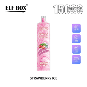 Pink marbled ELF BOX disposable vape labeled “SHISHA hookah” Strawberry Ice with strawberry and ice graphics, bold “15000 puffs” claim, and icons indicating 600mAh battery, 26ml e‑liquid, 0.6Ω resistance and Type‑C rechargeability.