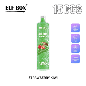 Green ELF BOX Shisha hookah disposable vape with strawberry and kiwi graphics, labeled 15000 puffs and showing icons for 600mAh battery, 26ml e-liquid, 0.6Ω resistance and rechargeable Type‑C, with 'STRAWBERRY KIWI' text beneath.