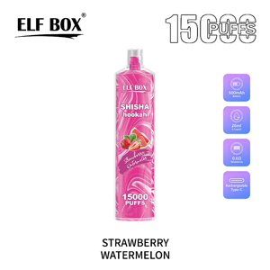 Tall pink marbled disposable vape labeled ELF BOX SHISHA hookah with strawberry and watermelon illustration and '15000 PUFFS' count, brand logo top-left, product-spec icons for 600mAh battery, 26ml e-liquid, 0.6Ω resistance and Type-C recharge, and 'STRAWBERRY WATERMELON' flavor text below.