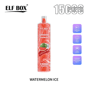 Tall red ELF BOX Shisha hookah disposable vape with watermelon and ice graphics labeled 15000 puffs, shown alongside icons for 600mAh battery, 26ml e-liquid, 0.6Ω resistance and rechargeable Type-C, flavor Watermelon Ice.