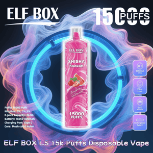 Pink ELF BOX disposable vape labeled “SHISHA hookah” and “Strawberry Watermelon” centered in a neon smoke ring, with prominent text noting 15,000 puffs and specs including 26 ml e‑liquid, 600 mAh battery, 0.6 Ω resistance and Type‑C charging.